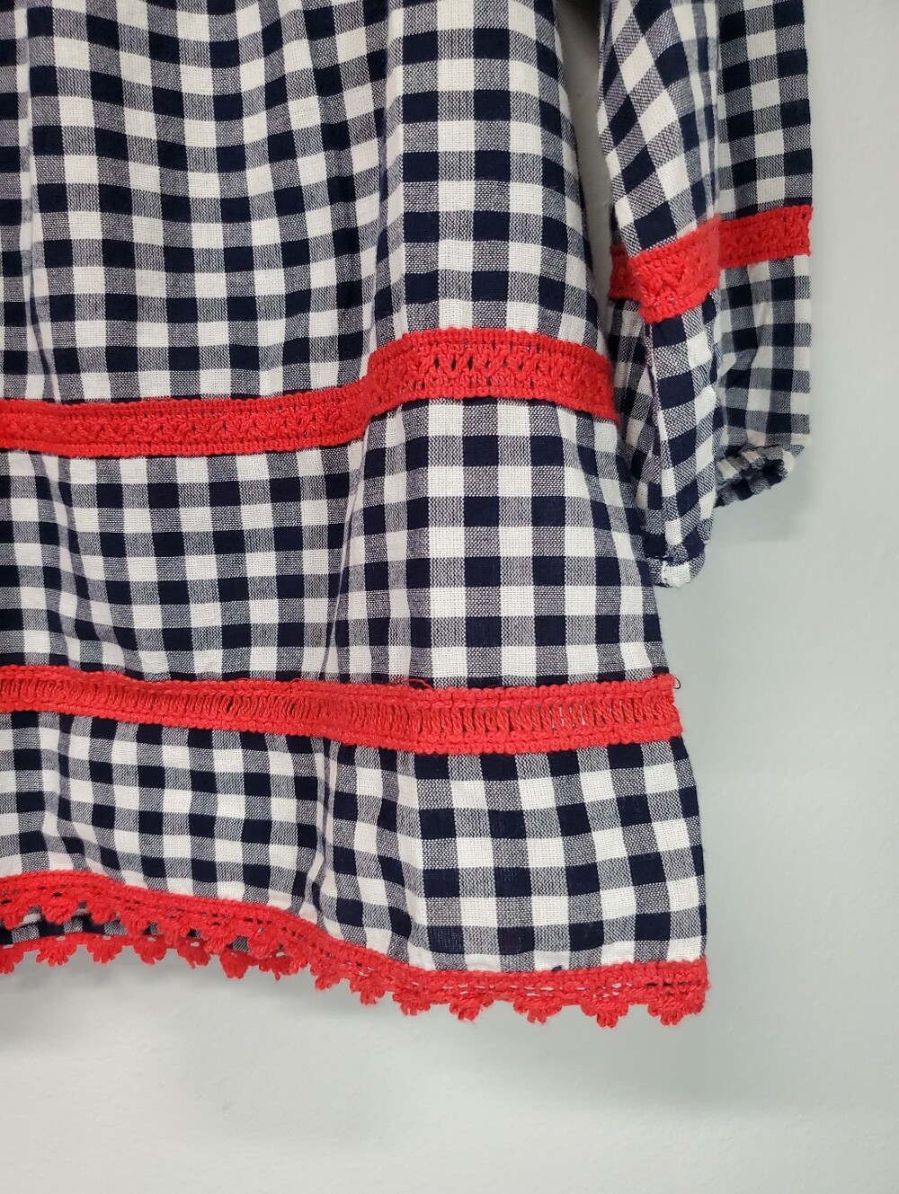 Boho Peasant Check Blouse Petite Medium Crown And Ivy 3/4 Length Tassle Top - Picture 3 of 8